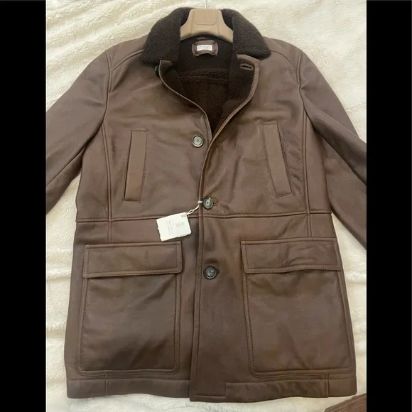 Brunello Cucinelli Mens Shearling Leather Brown Jacket Sz M - Picture 2 of 12